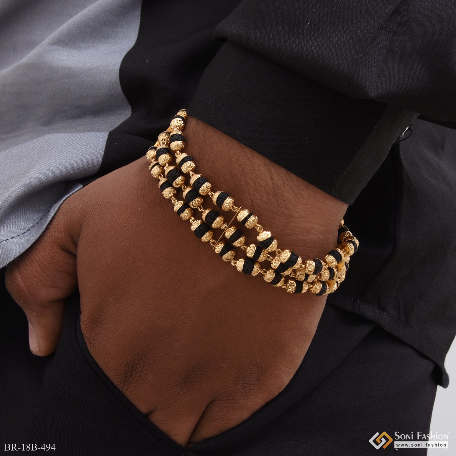 1 Gram - 3 Line Rudraksh Gorgeous Design Gold Plated Bracelet for Men - Style B494