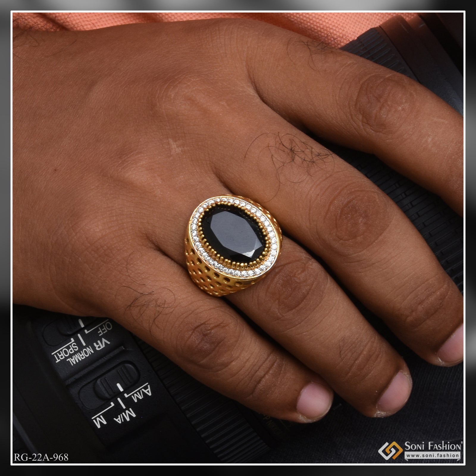 1 Gram Gold Forming Black Stone with Diamond Best Quality Ring - Style A968