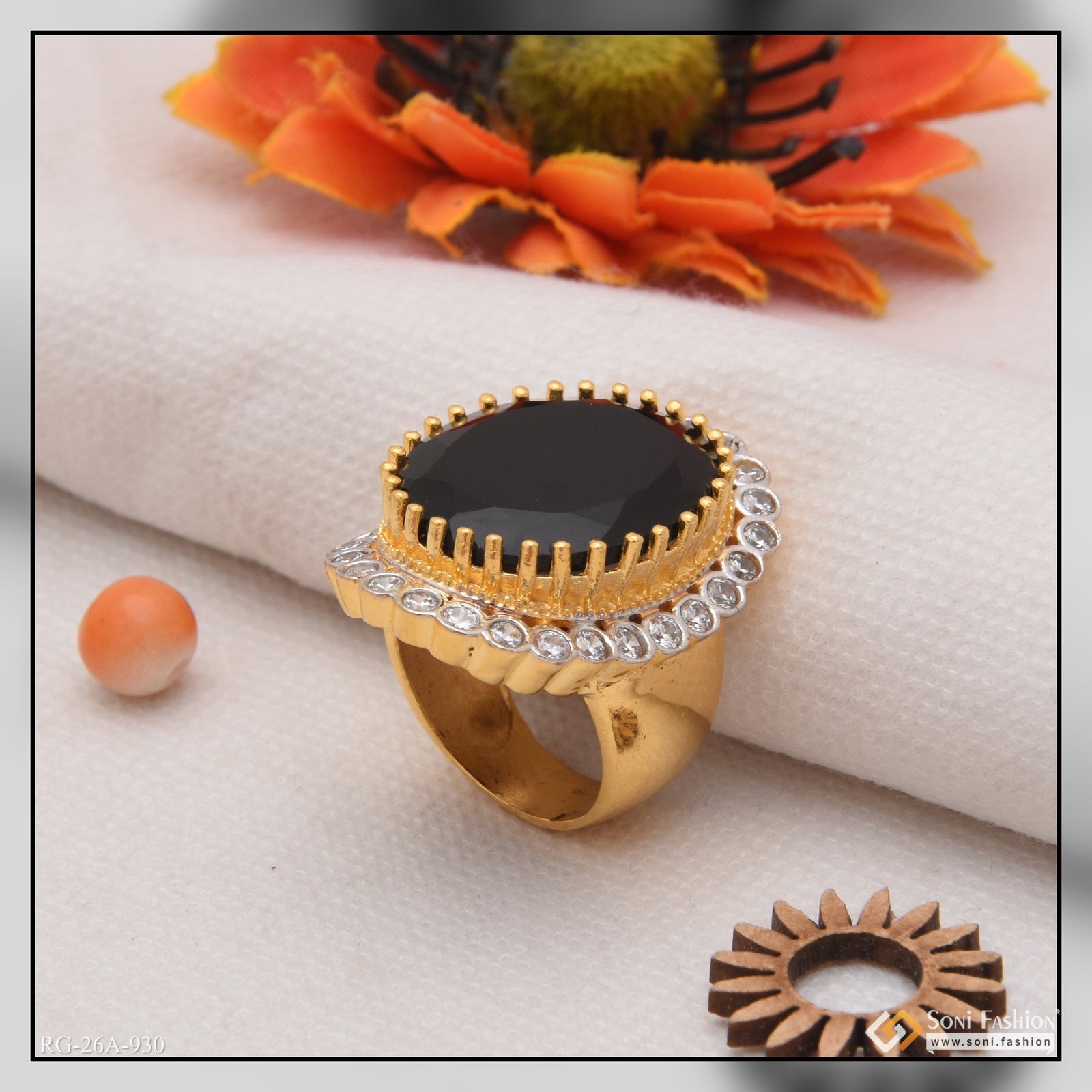 1 Gram Gold Forming Black Stone with Diamond Fashionable Design Ring - Style A930