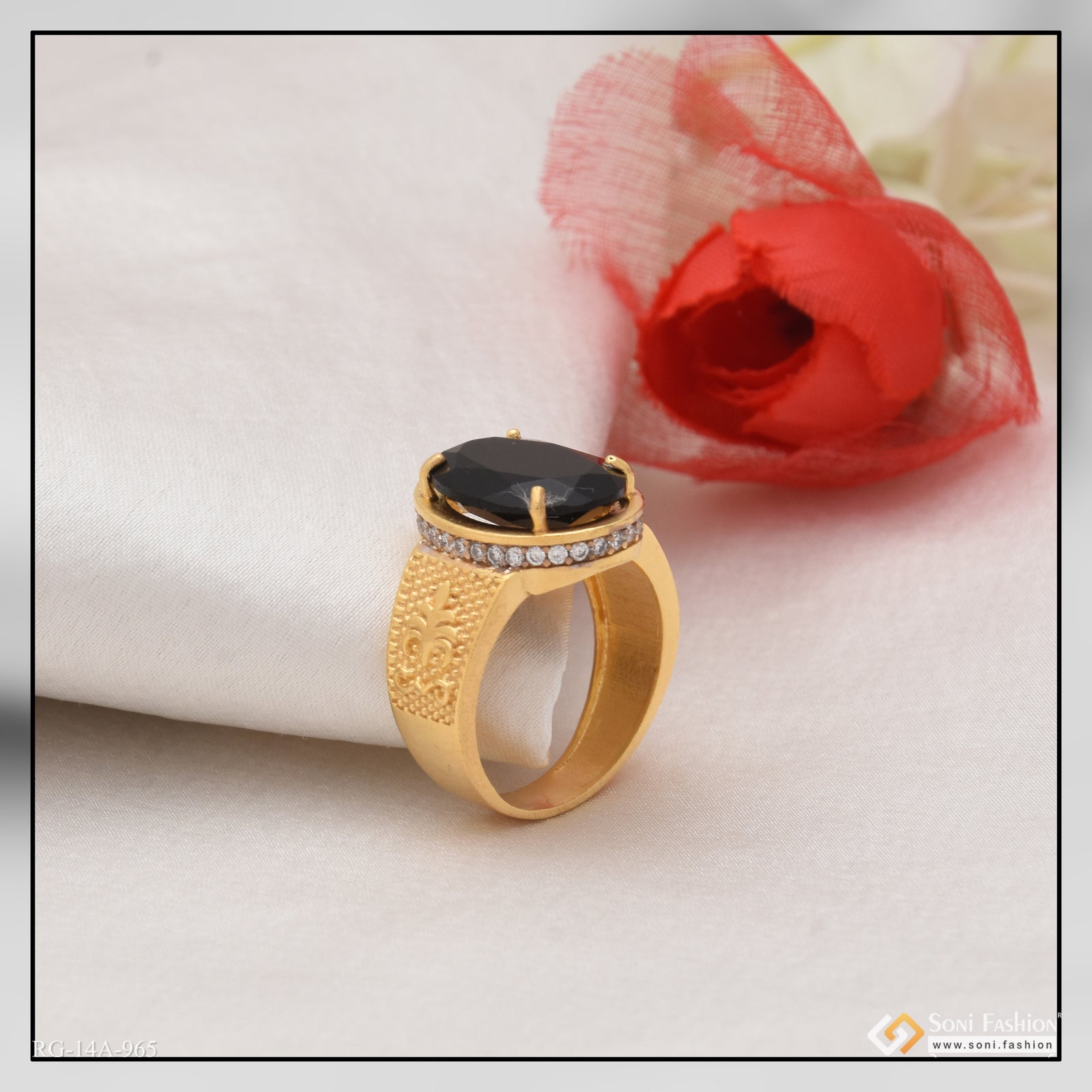 1 Gram Gold Forming Black Stone with Diamond Fashionable Design Ring - Style A965