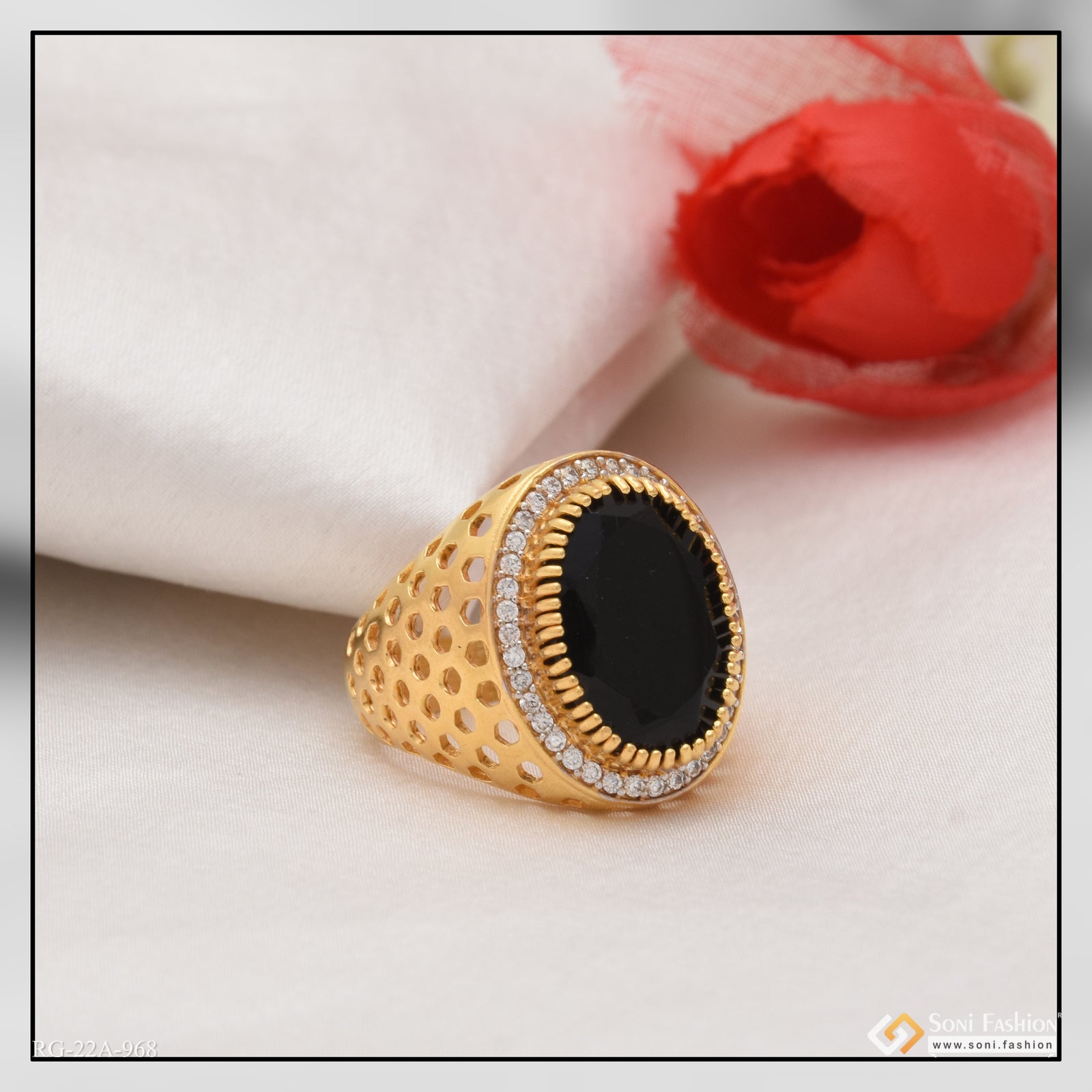 1 Gram Gold Forming Black Stone with Diamond Best Quality Ring - Style A968