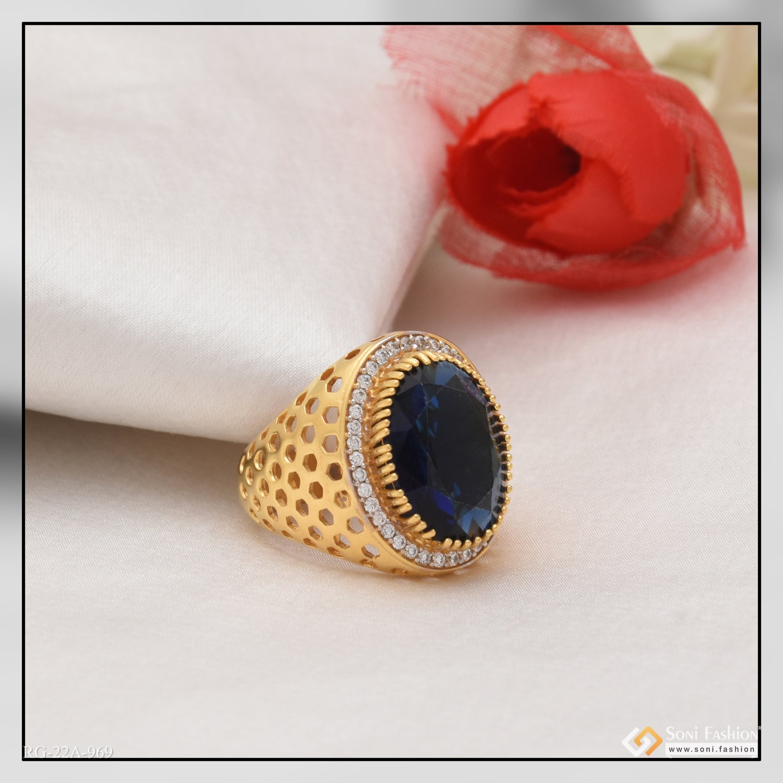 1 Gram Gold Forming Blue Stone with Diamond Best Quality Ring for Men - Style A969
